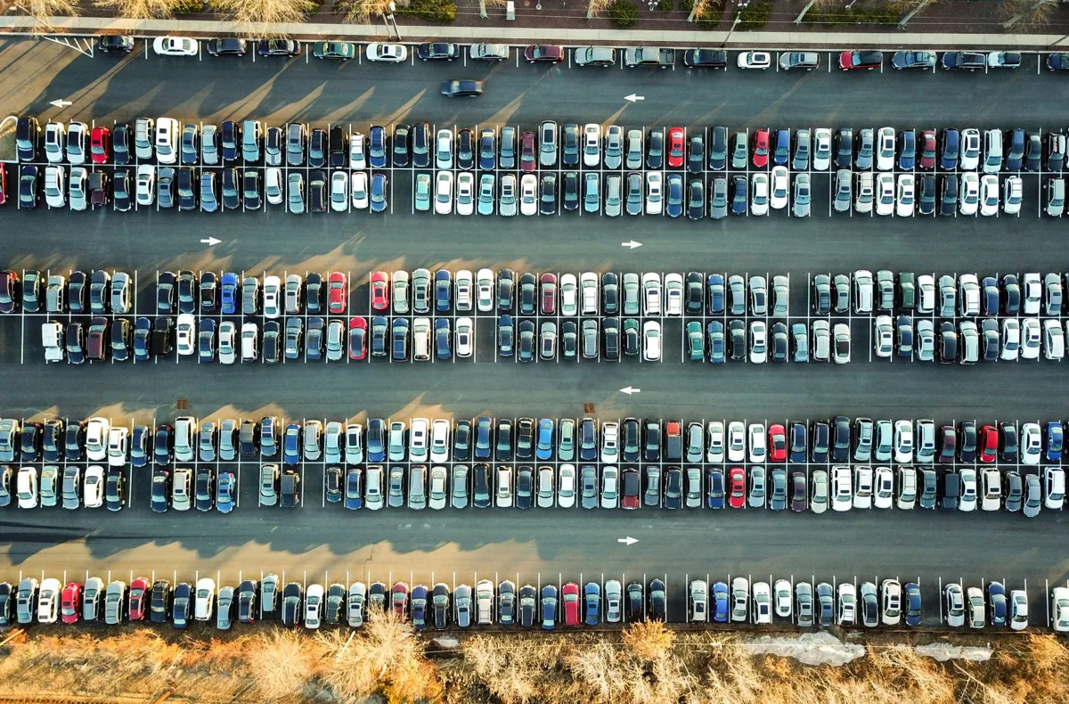 Rows of parked cars viewed from above